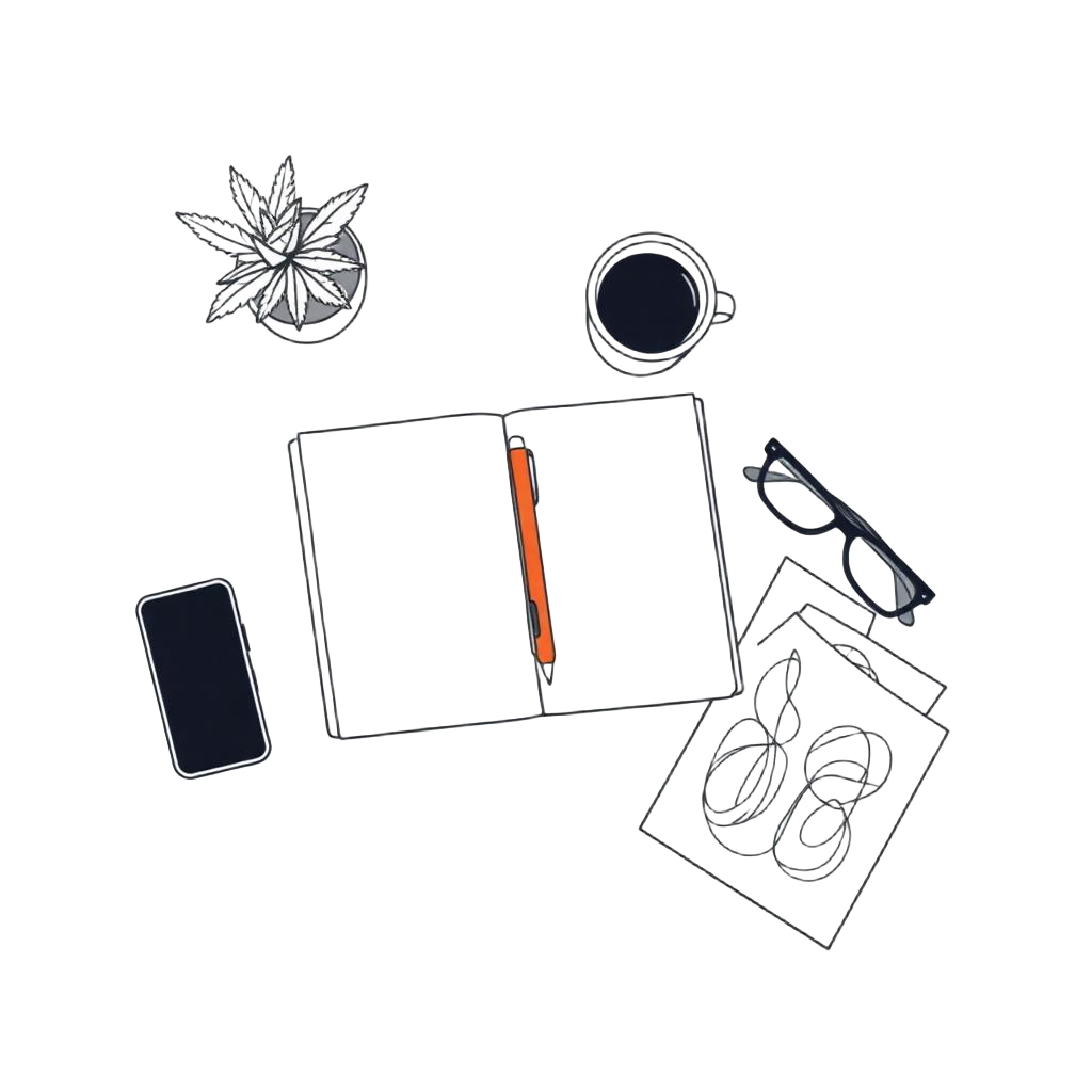 Stilisierte Strichzeichnung: Schreibtisch von oben mit Notizbuch, Stift, Kaffee und Pflanze